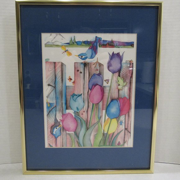 Other - Tulip Bird Fence Framed Art Print Frog Dragonfly